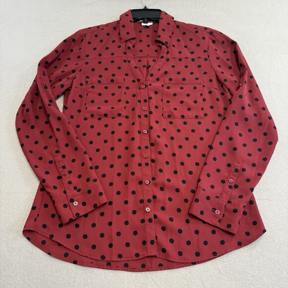 Express Portofino Women M Slim Deep Red Polka Dot Button Up Collared Business - Picture 1 of 8